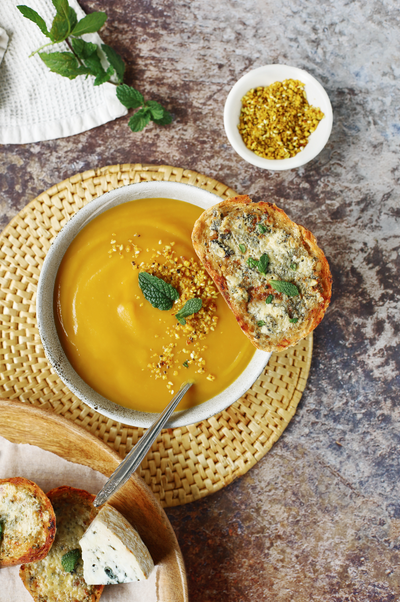 Baked sweet potato soup with Milawa Aged Blue Cheese toast